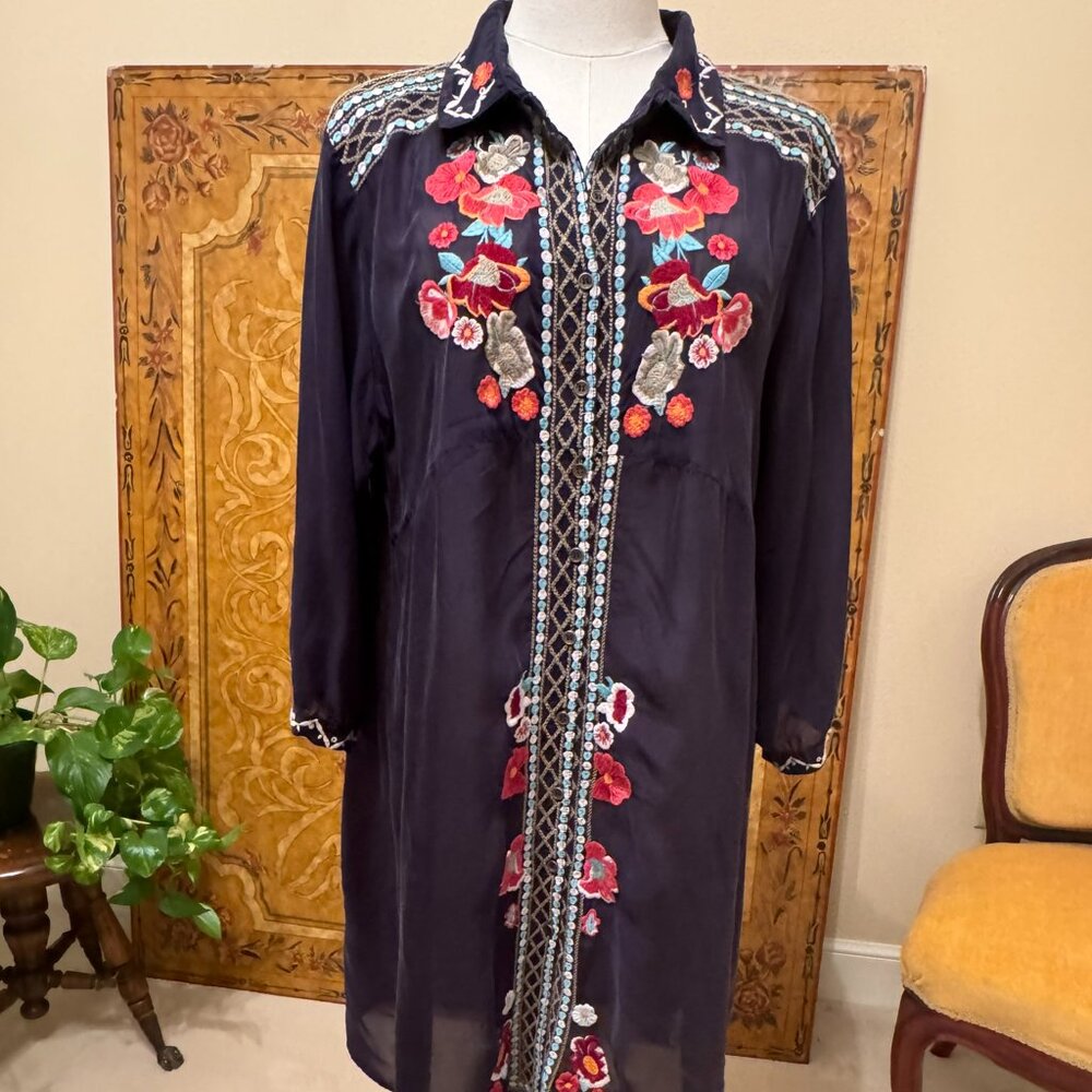 All About Her Womens Boho Tunic Top Navy Embroidered Button Up Sz XL